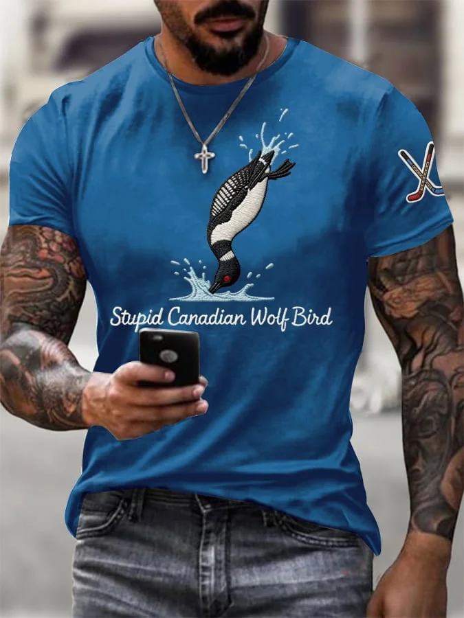 Men's Stupid Canadian Wolf Bird Print T-Shirt  socialshop