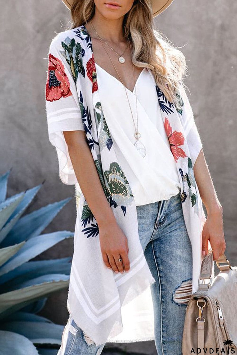 Waterfall Short Sleeve Floral Print Cardigan