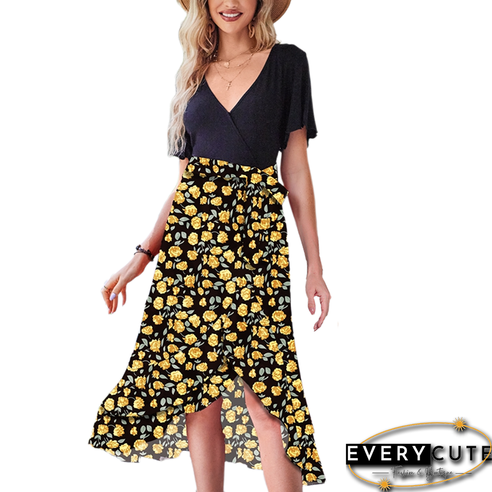 Yellow Floral Print Splicing V Neck Dress with Slit