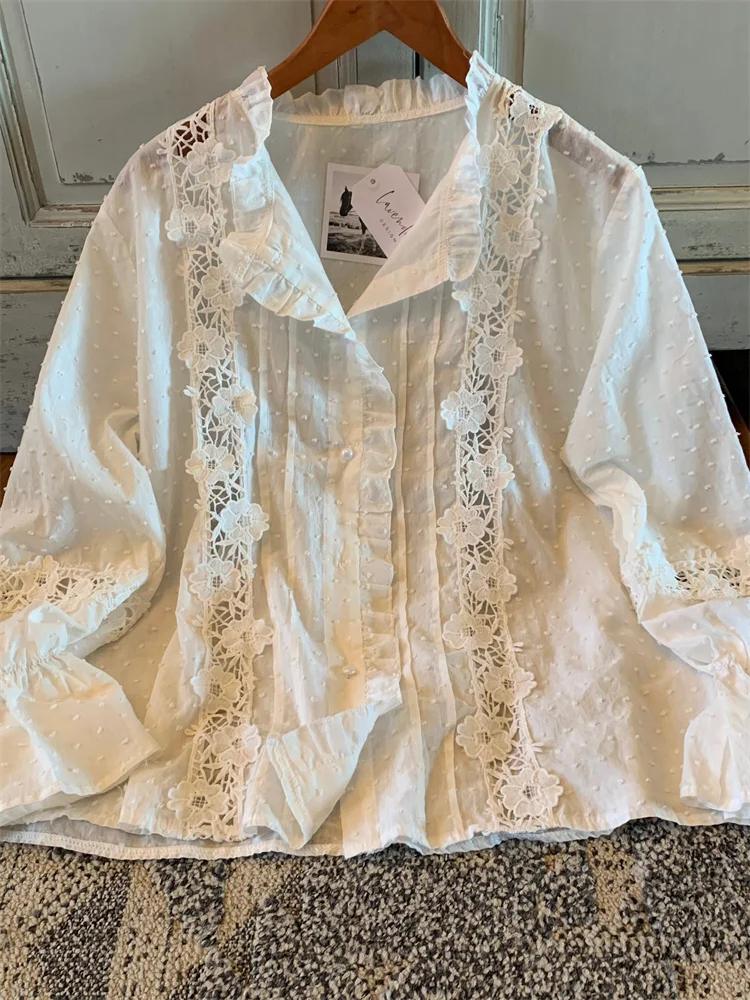 Hollow Floral Lace Ruffle Trim Pintucked Blouse