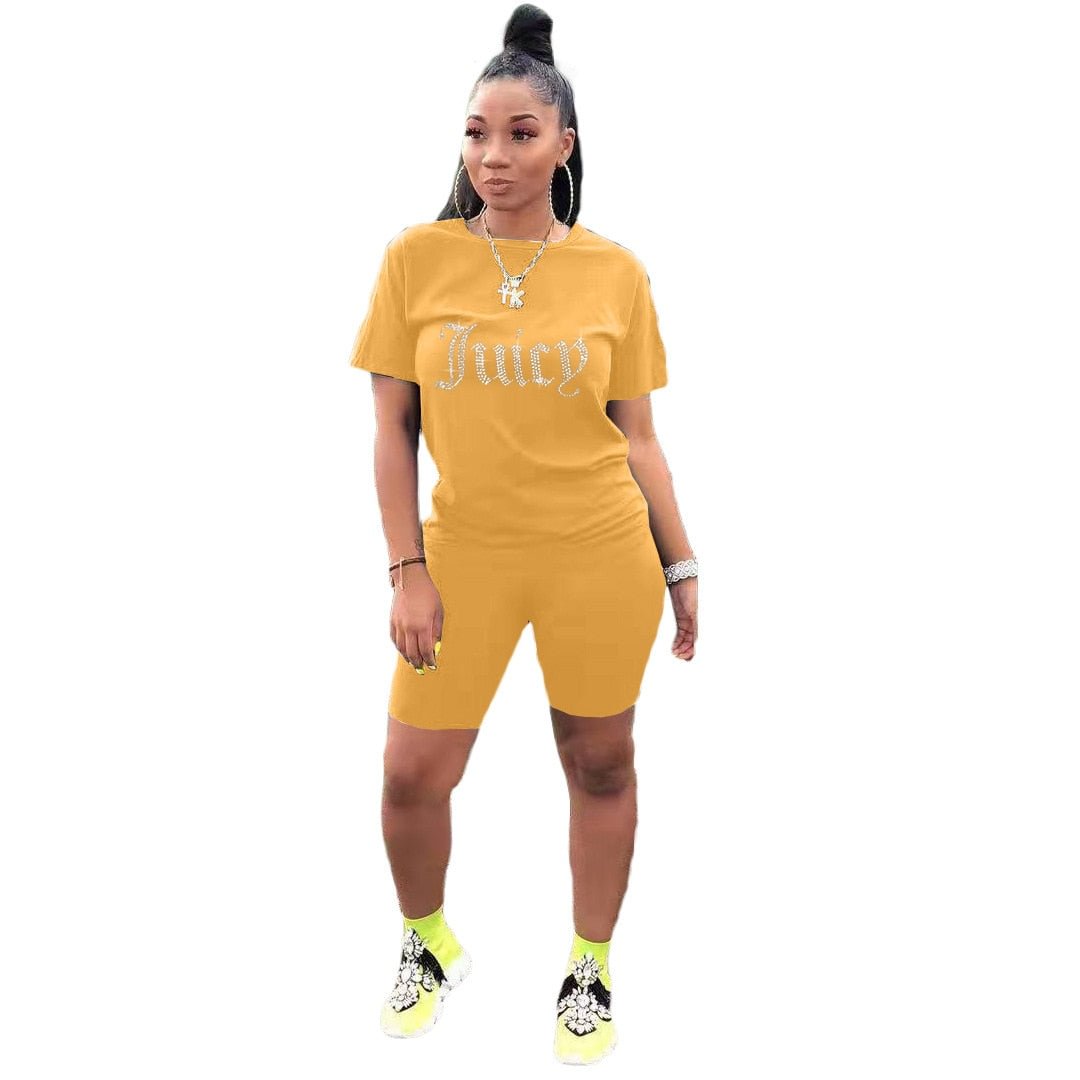 FAGADOER Juicy Print Tracksuit Women Round Neck Short Sleeve Tshirt And Shorts Two Piece Sets Summer Sporty Fitness Outfits 2022