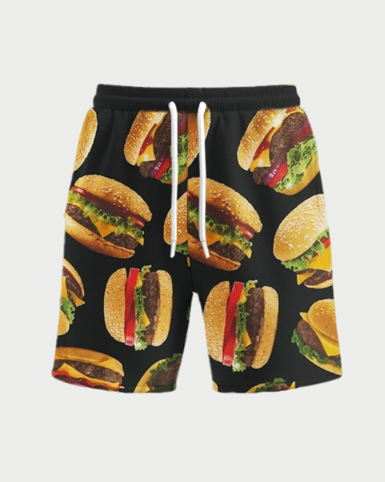 Men's Plus Size Retro fun 'Eat, Eat, Eat Burgers' Printed T-shirt Shorts Suit