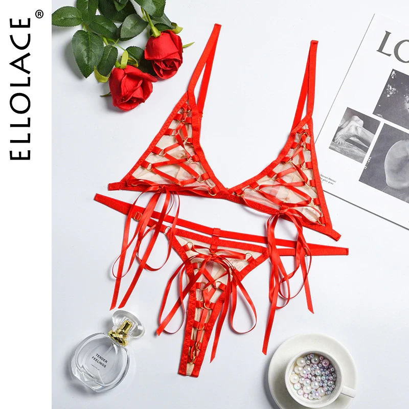 Billionm Ellolace Kiss Lingerie Nude Underwear Fancy Bandage Set Woman 2 Pieces Transparent Erotic Wireless Brief Sets Lace Outfits