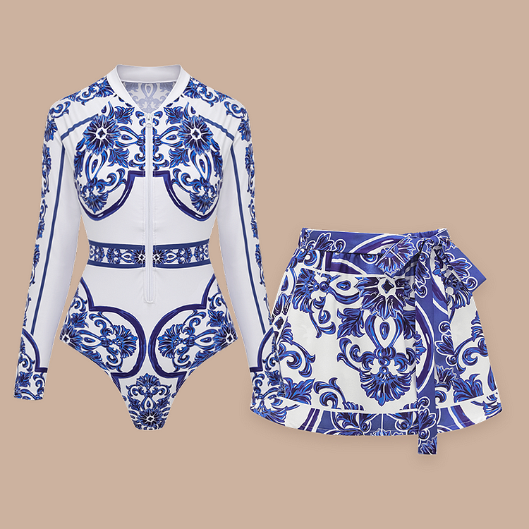 Surfing Wetsuit Classic Majolica Series Pattern Print One Piece Swimsuit and Pants or Shorts
