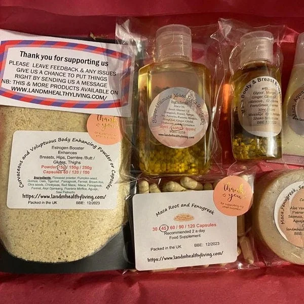 Pornhint Maca Love Your Body Package inc Maca Aloe Body Cream, Maca Oil, Body Powder, Maca Fenugreek Capsules & Maca, FenuGreek and Shea Soap Bar