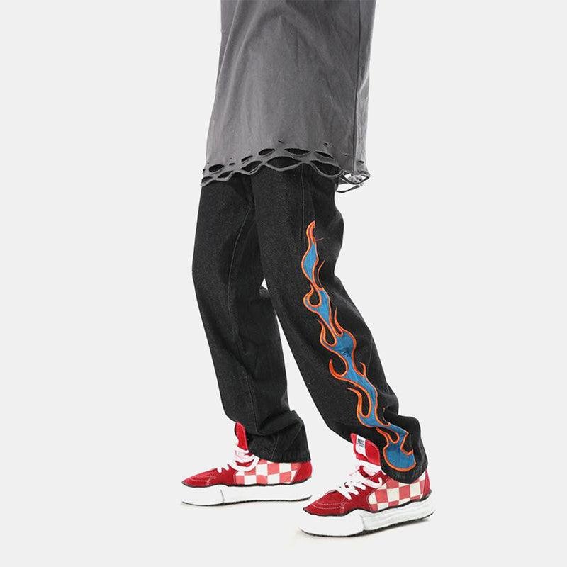 Burning Fire Embroidery Hiphop Straight Men Pants