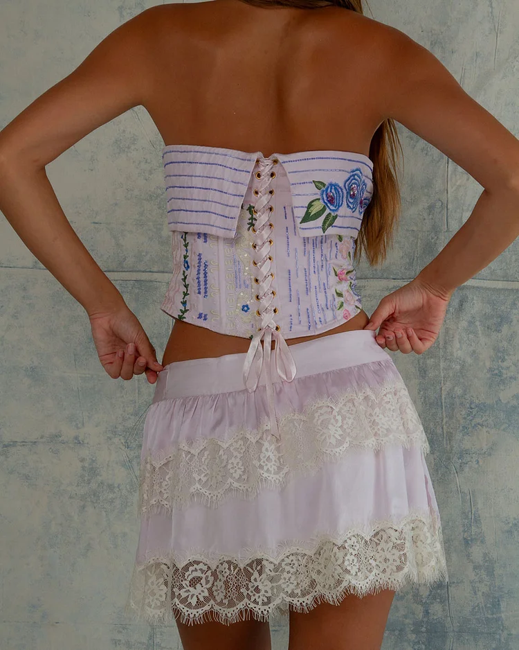 Strapless Sequins & Beading Fitted Long Corset And Mini Skirt Two-piece Set