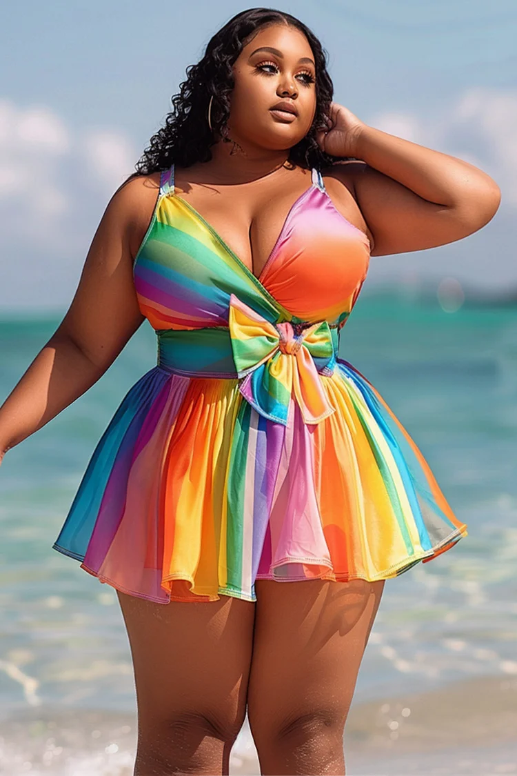 Xpluswear Design Plus Size Beach Rainbow Colorblock Pleated Tummy Control Swimwear Dress With Panty [Pre-Order] 2024 - Xpluswear