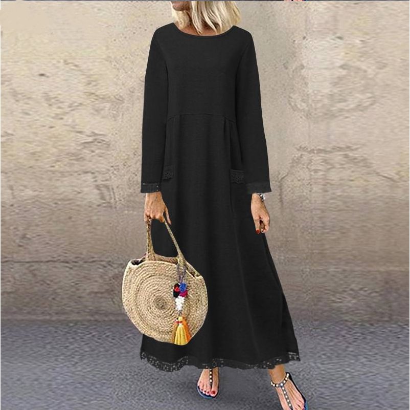 Casual Loose Solid Color Pocket Long Sleeve Dress