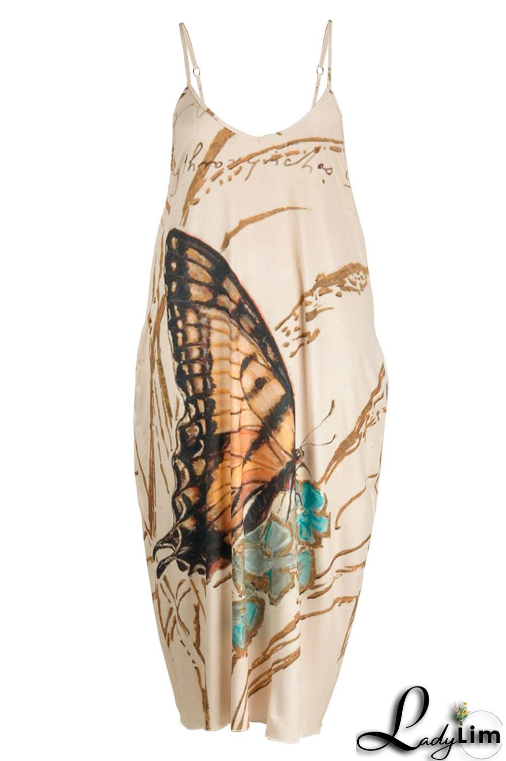 Apricot Sexy Casual Plus Size Butterfly Print Backless Spaghetti Strap Long Dress