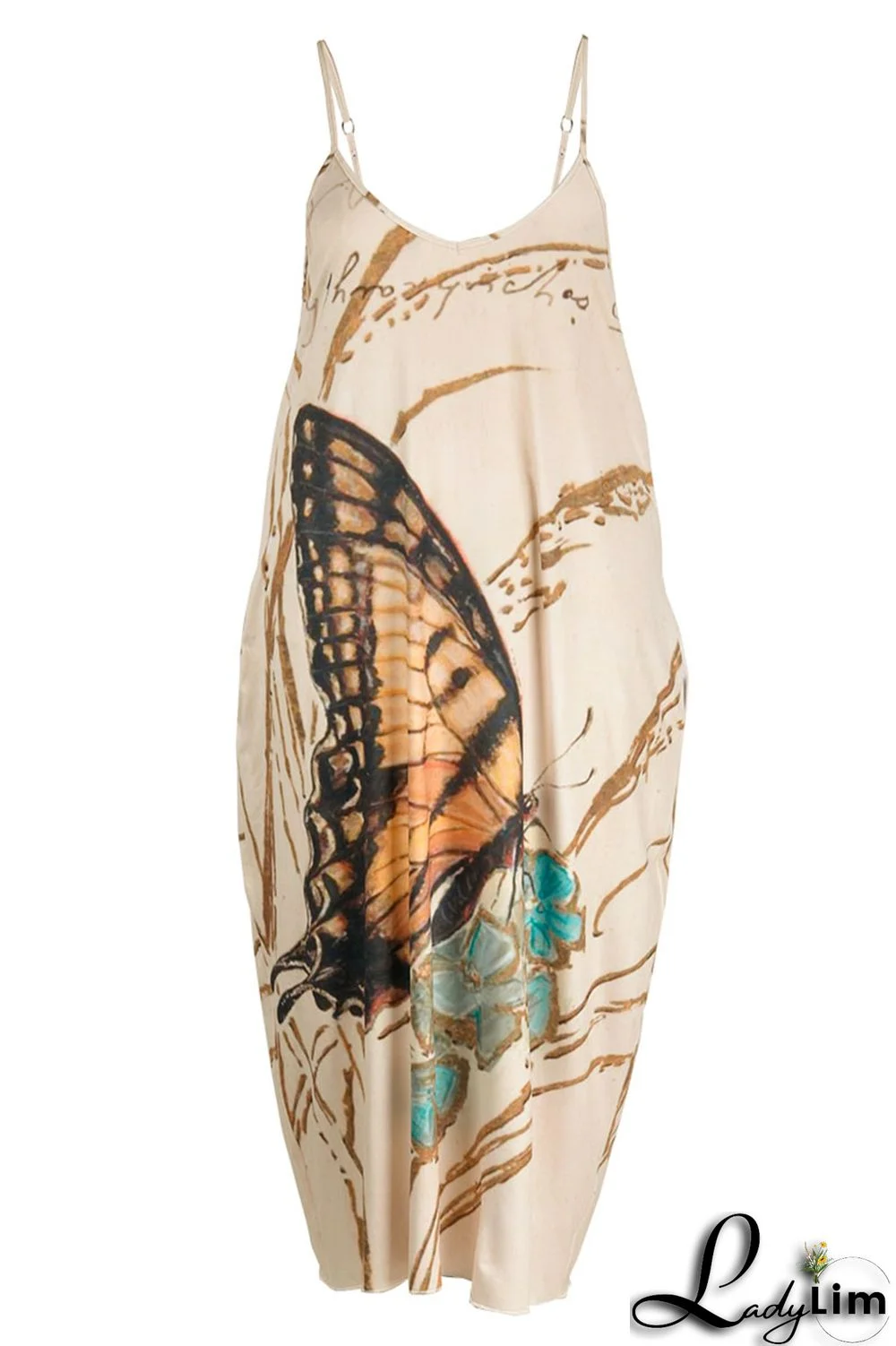 Apricot Sexy Casual Plus Size Butterfly Print Backless Spaghetti Strap Long Dress