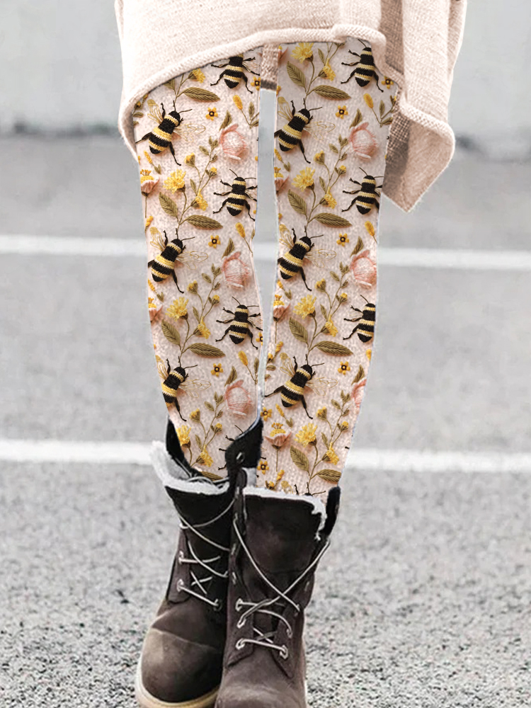 Bee Floral Embroidery Pattern Cozy Leggings artswardrobe