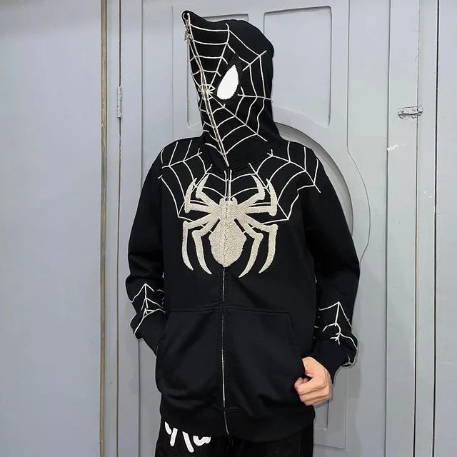 Gothic Dark Spider Print Hooded Cardigan Full Zip Oversized Sweatshirt Hoodie at Hiphopee