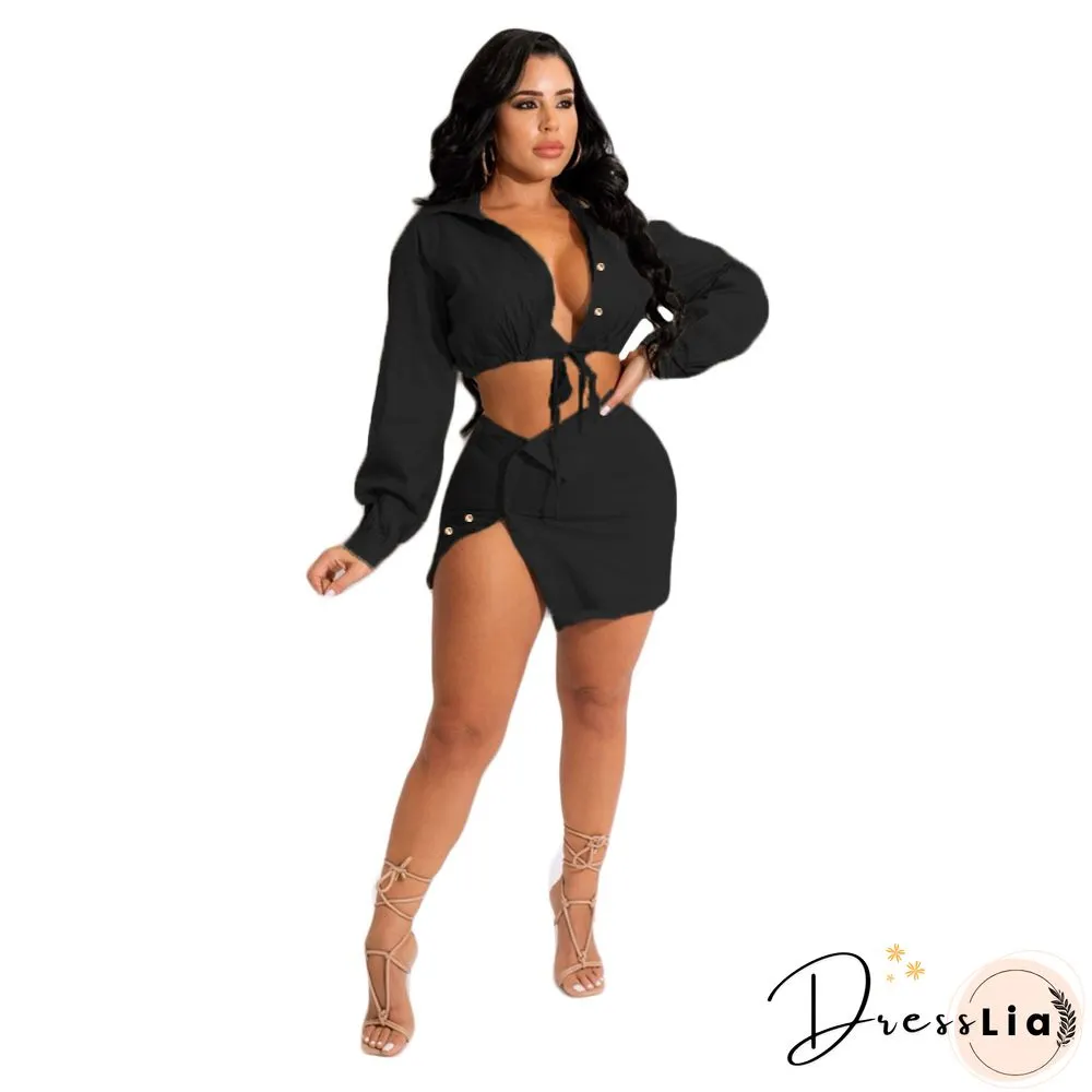 Lace Up Long Sleeve Shirt Crop Top Mini Skirt Set
