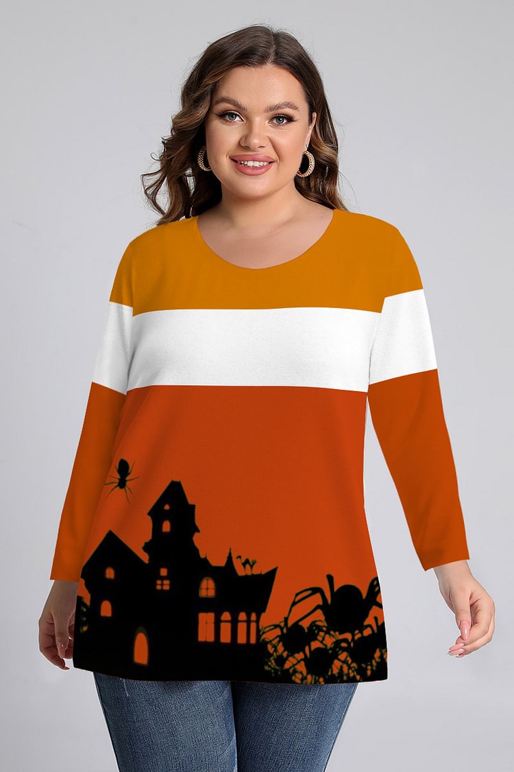 Flycurvy Plus Size Halloween Orange Colorblock Stitching Spider Print Long Sleeve T-Shirt  flycurvy [product_label]