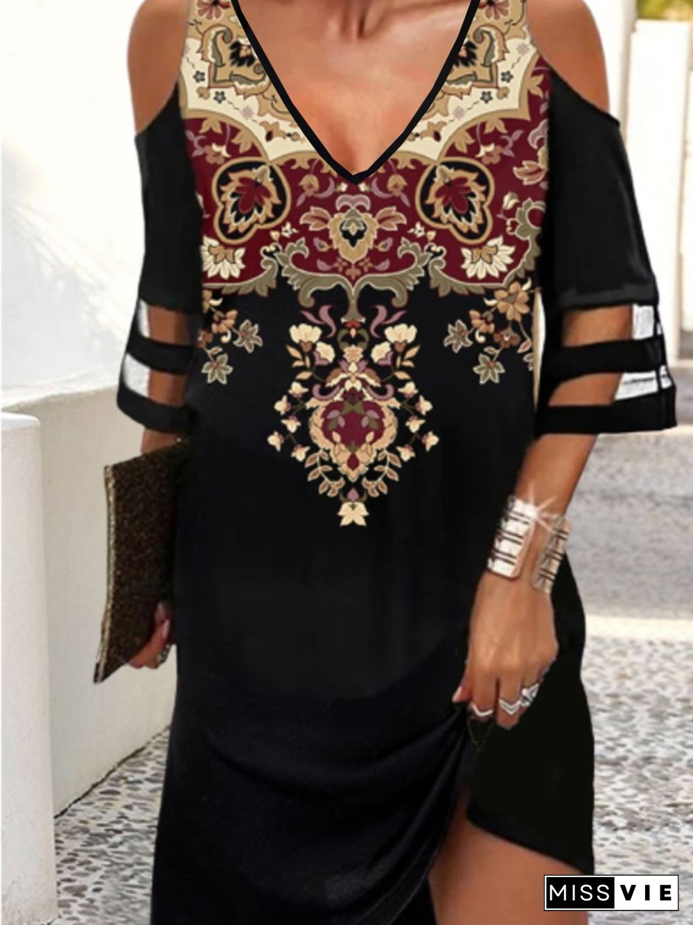 Casual Three Quarter V Neck Printed Dress