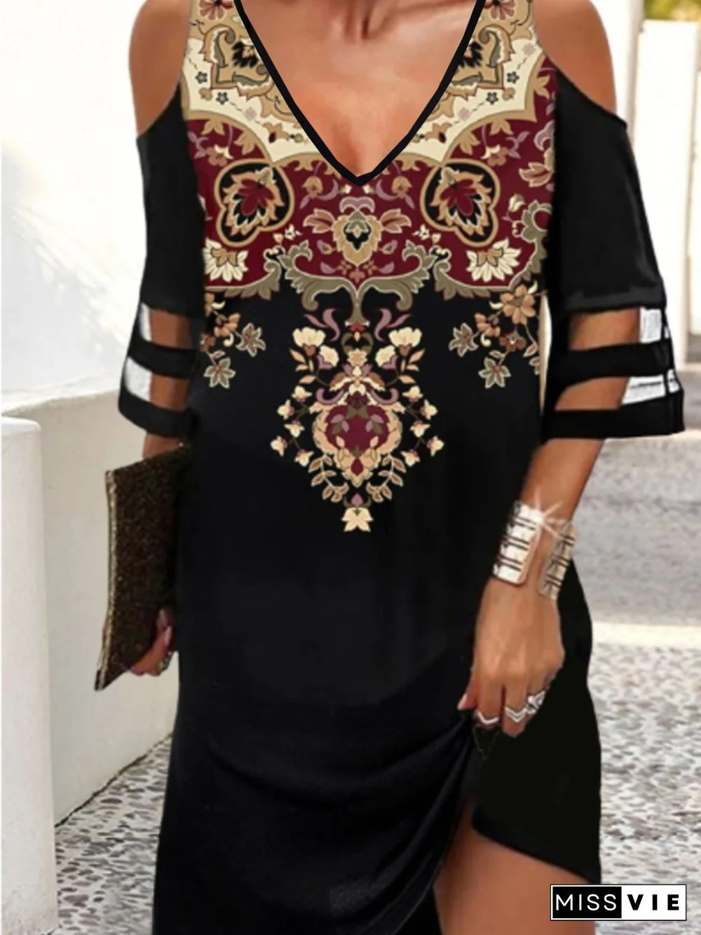 Casual Three Quarter V Neck Printed Dress