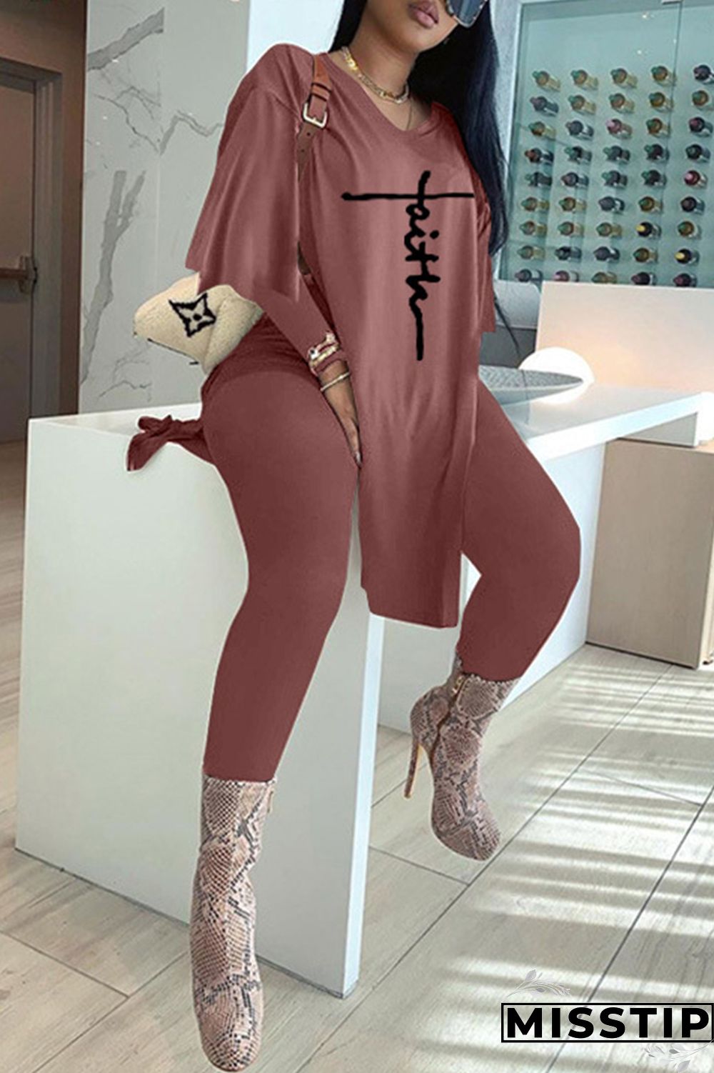 Black Fashion Casual Embroidery Slit V Neck Long Sleeve Two Pieces