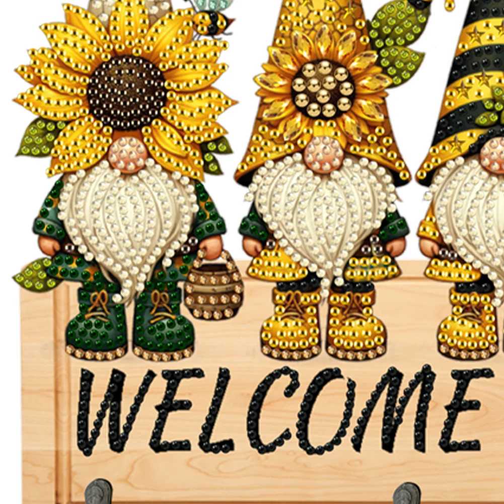 DIY Bee Gnome Wooden Special Shape 3 Hooks No Punch Diamond Painting Hook Rail