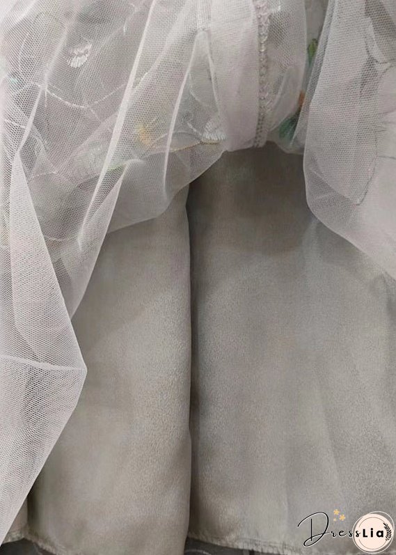 Italian Grey Embroidered High Waist Tulle Skirts Spring