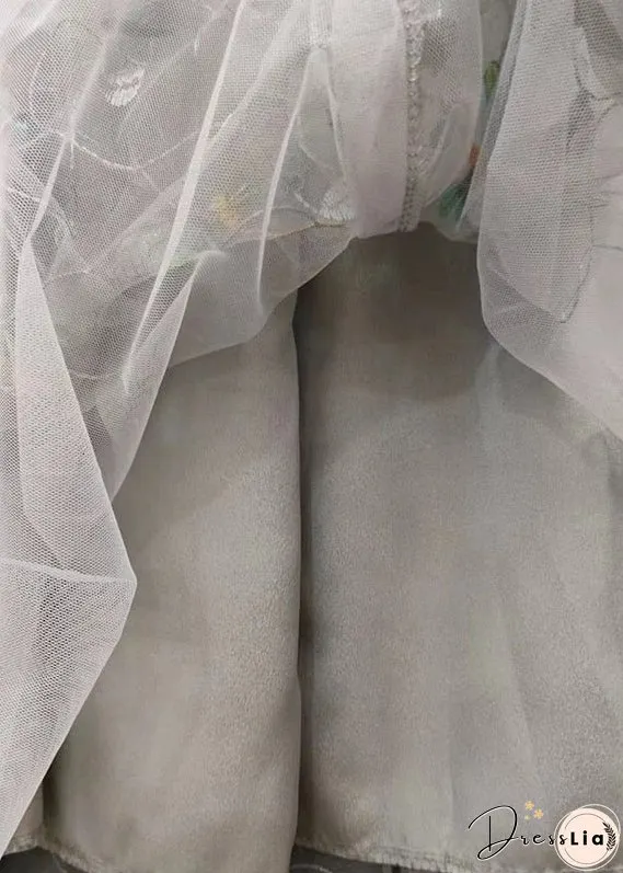 Italian Grey Embroidered High Waist Tulle Skirts Spring