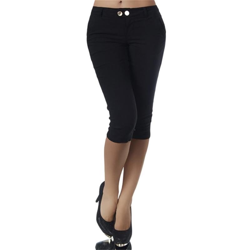 Women Ladies Pencil Pants Summer Pockets Button Skinny Calf Length Pants Ladies Casual Stretch 3/4 Trousers Female Capris