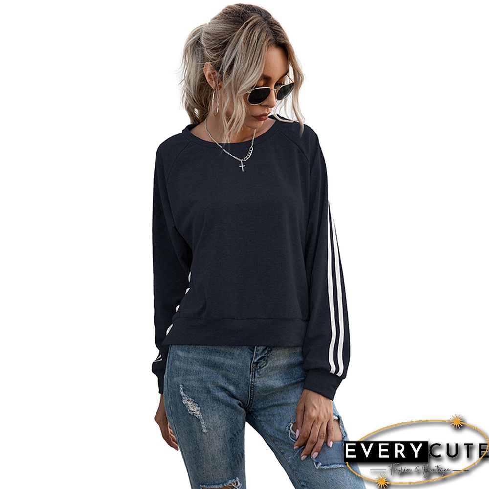 Navy Blue Stripe Long Sleeve Side Lace Up Sweatshirt