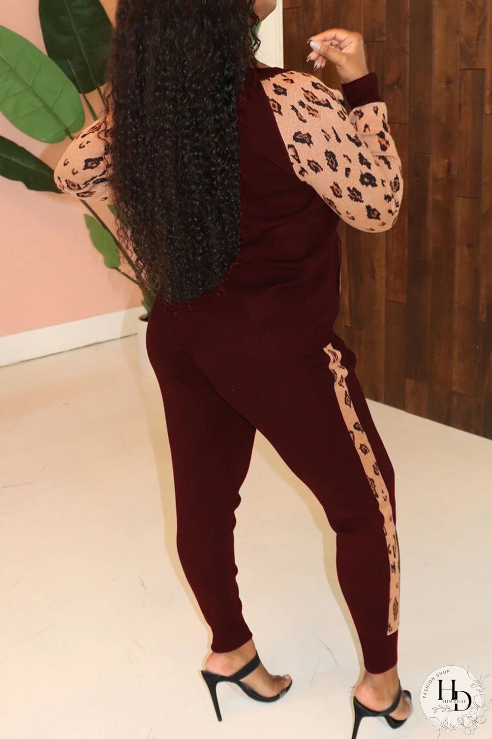 Burgundy Casual Print Leopard Split Joint Zipper Zipper Collar Long Sleeve Two Pieces