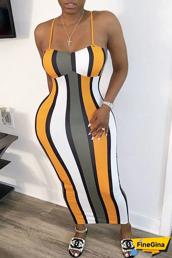 FineGina Sexy Printed Striped Contrast Slip Dress