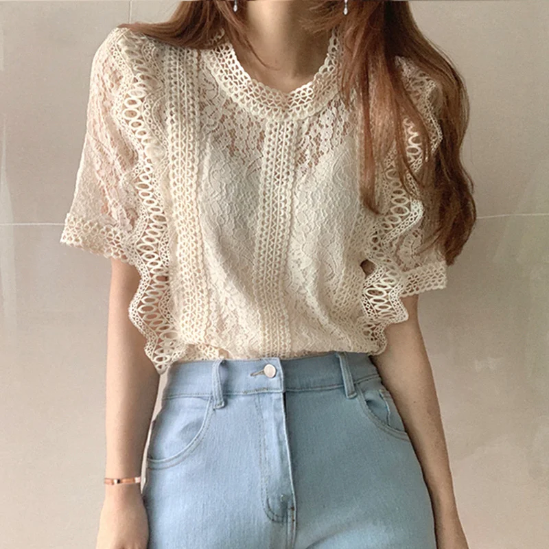 Brownm Brownm Top Retro Women's Summer 2025 New Lace Lace Hollow Shirt Temperament Slim Chic Short-Sleeved Shirt