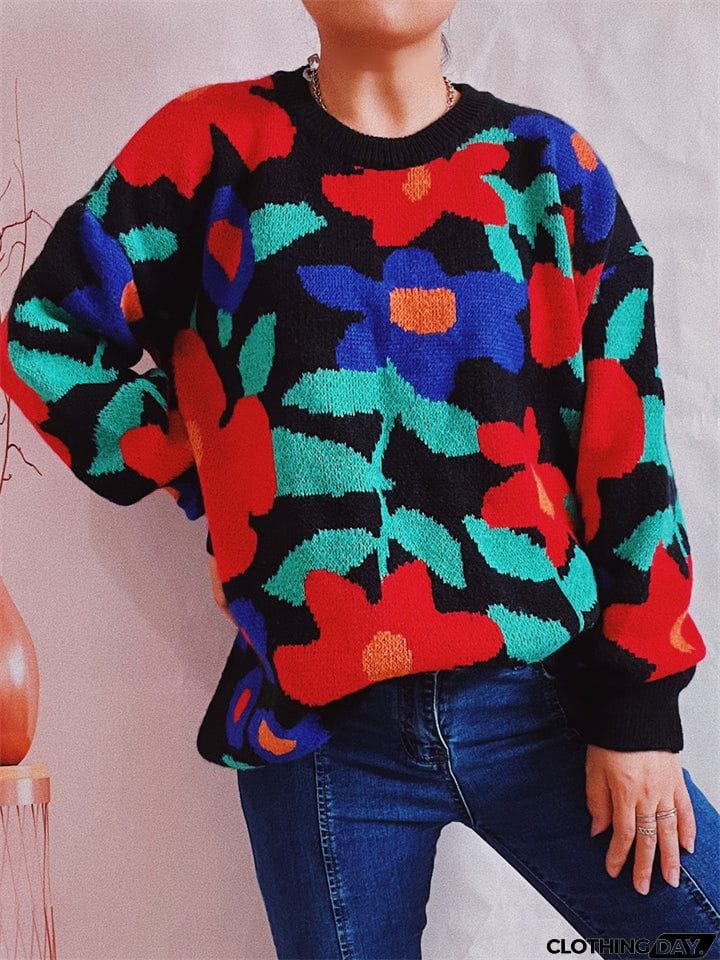 Casual Round Neck Floral Pullover Sweater
