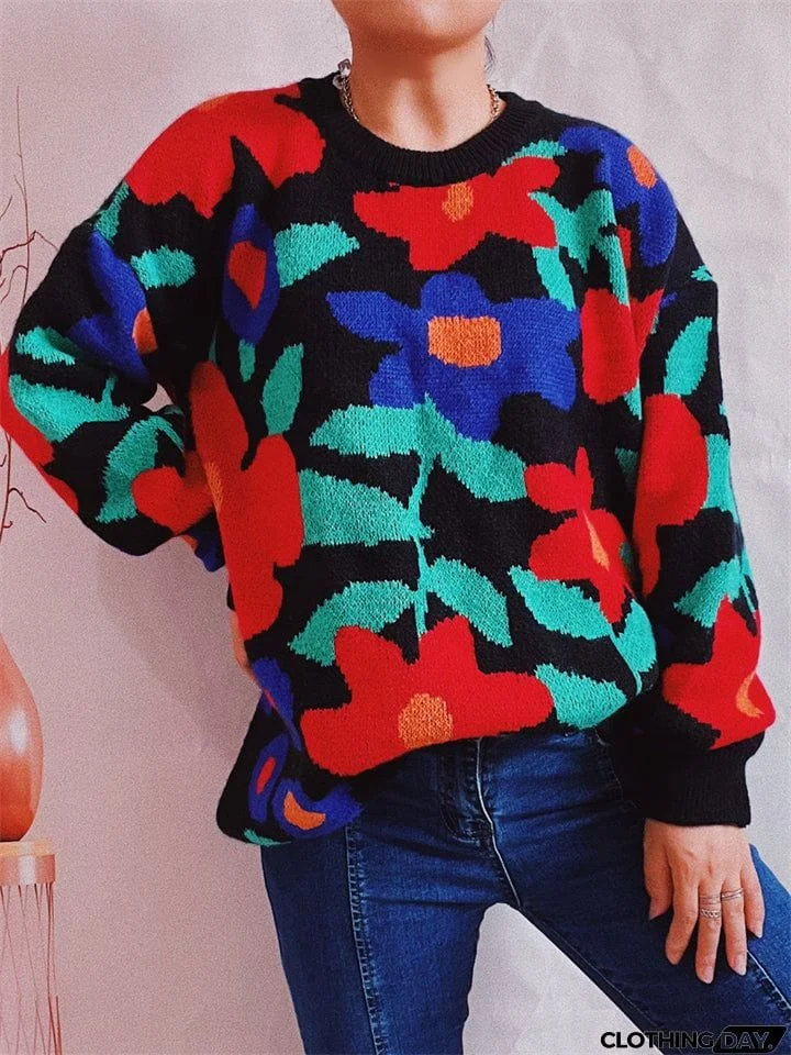 Casual Round Neck Floral Pullover Sweater