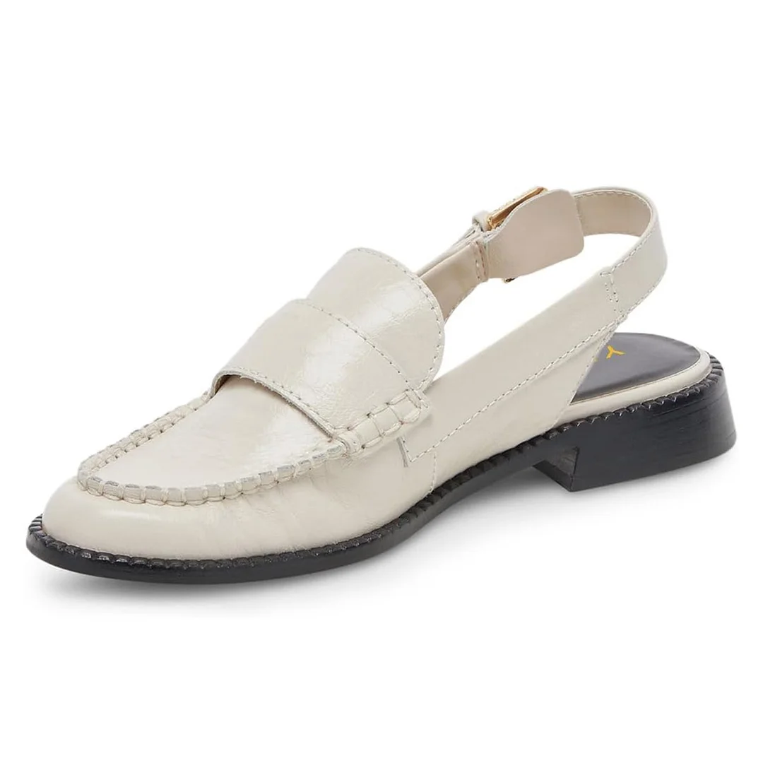 White Vegan Leather Flat Shoes Round Toe Slingback Women's Loafers