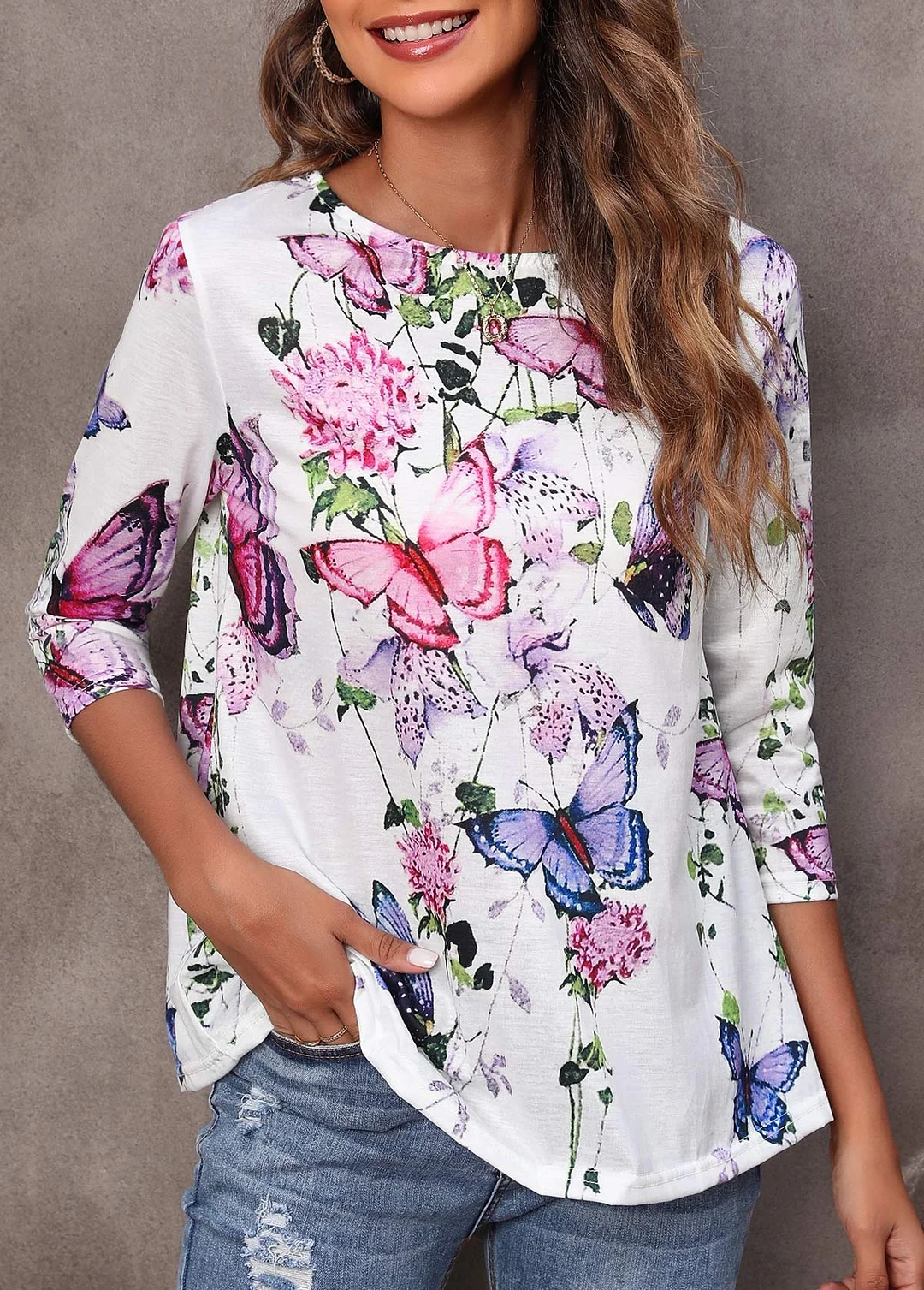 Butterfly Print White Round Neck T Shirt