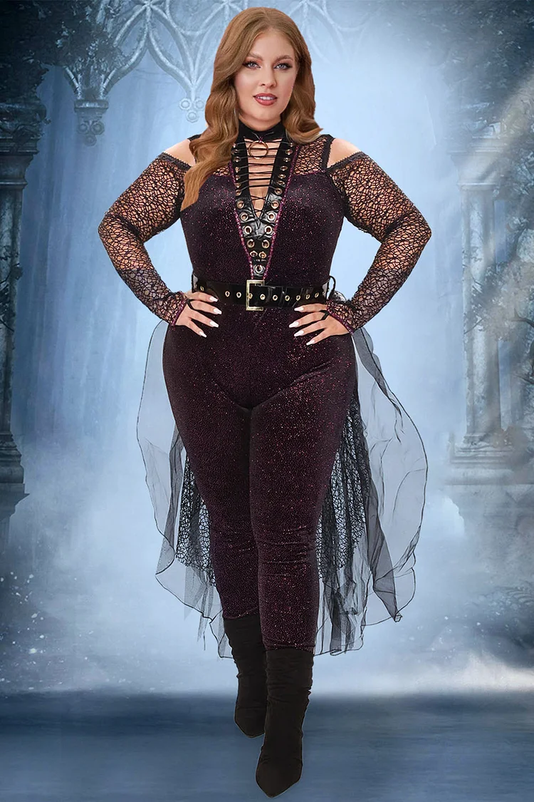 Xpluswear Design Plus Size Halloween Costume Cosplay Purple Witches Lace Up Overlay Skirt Glitter Jumpsuits（Ships 24h）