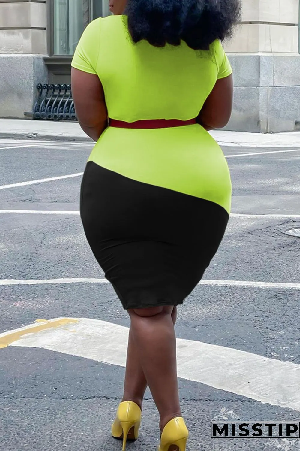 Black Green Fashion Casual Plus Size Patchwork Without Belt O Neck Short Sleeve Dress