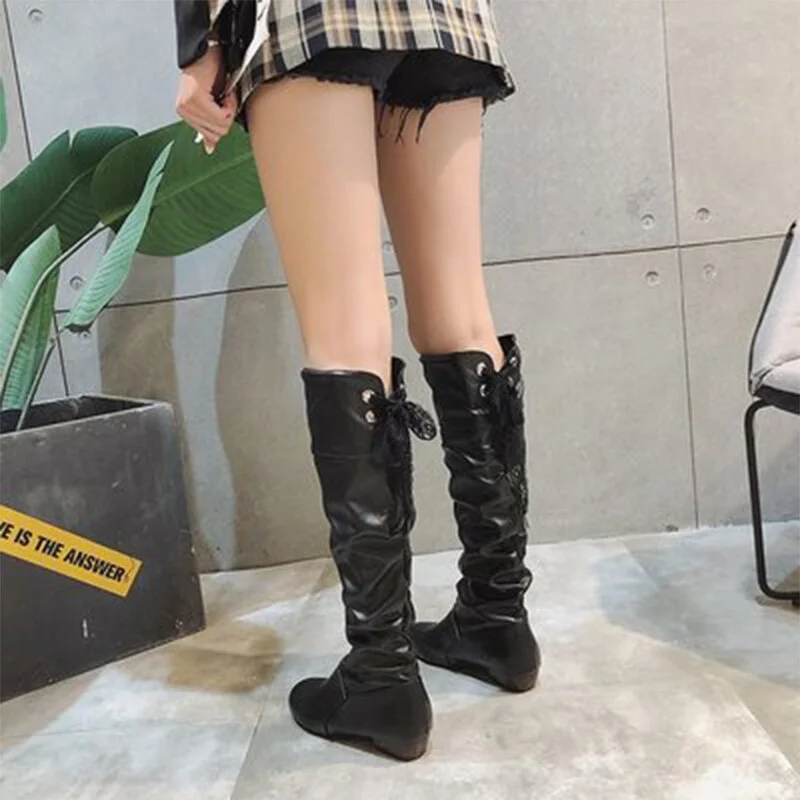 Back to college 2022 Knee High Boots For Women Fashion Lace Straps Pleated PU Leather Tight Boots Shoes Off Black White Female Winter Footwear