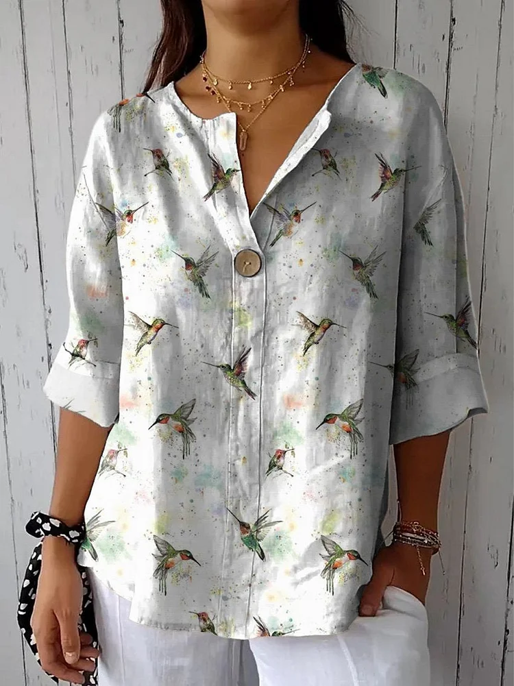 Spring Hummingbird Repeat Pattern Printed Women's Casual Cotton Linen Shirt
