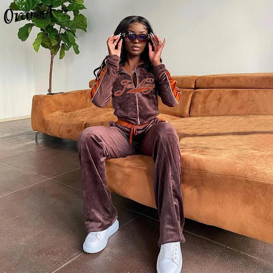 Women Tracksuit Letter Print Velvet 2 Piece Set Outfit Sweatshirt+Straight Sweatpants Matching Set Fitness Streetwear Clothing 921 1113