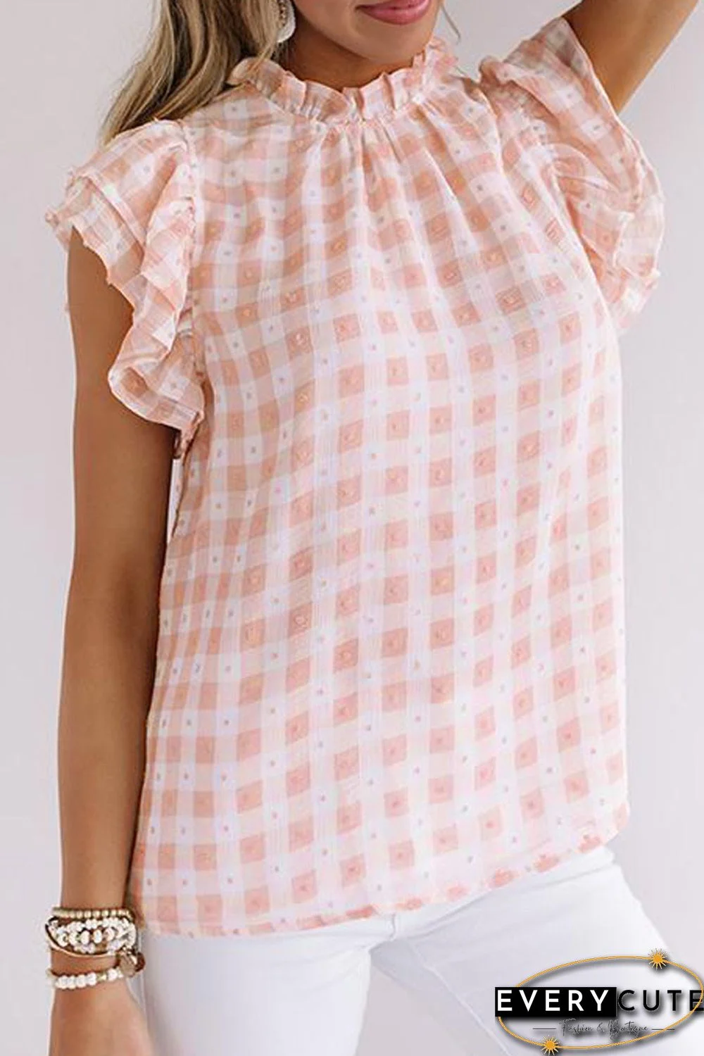 Pink Plaid Ruffled Short Sleeves Tee