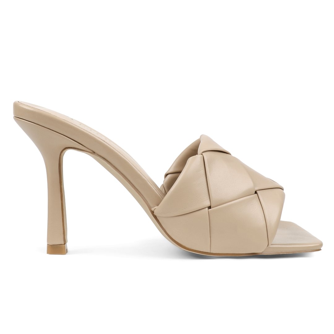 90mm Women's Square Open Toe Sandals Stiletto Heeled Woven Mule Sandals Quilted Backless Classic Daily Slippers-vocosishoes