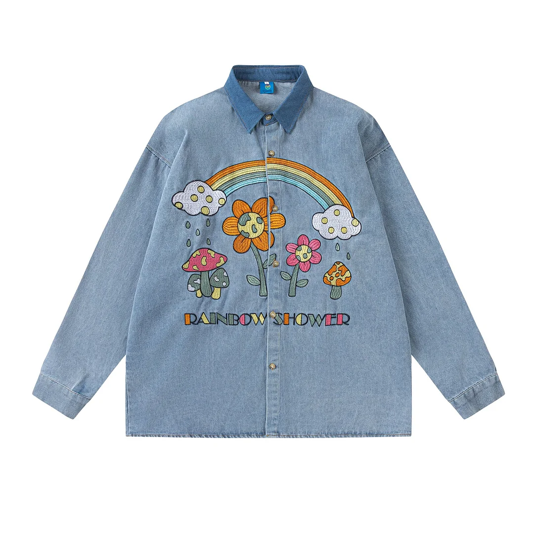 Unisex Couple Shirt Outwear Retro Rainbow Embroidered Denim Shirt Street Fashion Loose Relaxed Jacket
