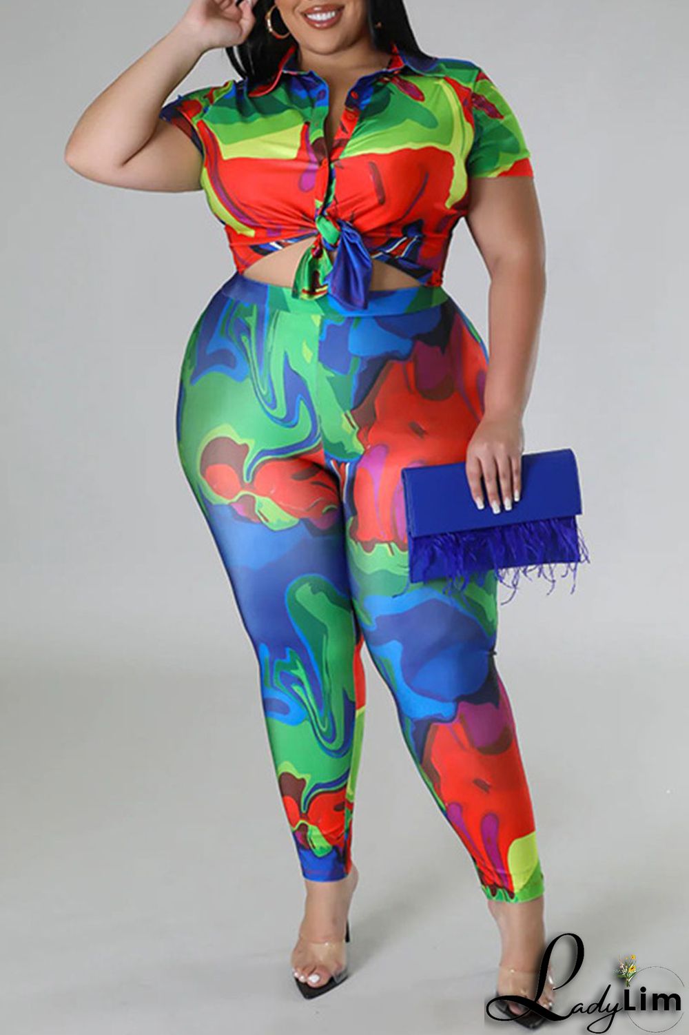 Red Casual Street Print Patchwork Buckle Asymmetrical Turndown Collar Plus Size Two Pieces