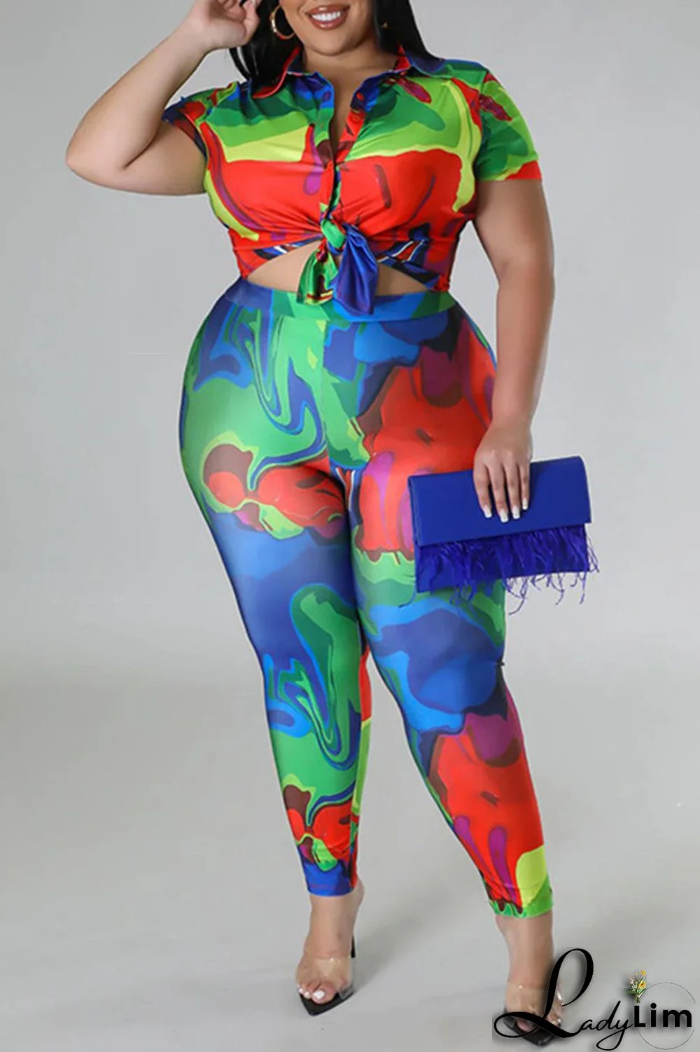 Red Casual Street Print Patchwork Buckle Asymmetrical Turndown Collar Plus Size Two Pieces