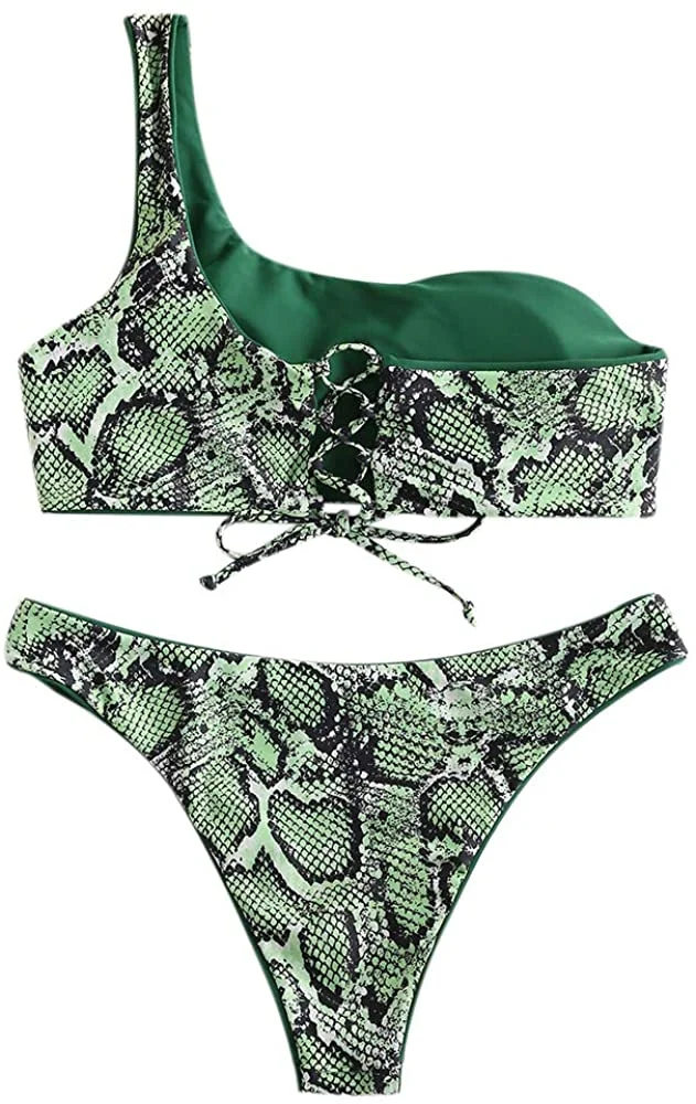 Bikini Snakeskin One Shoulder Reversible Bathing Suit Padded Lace Up 2 Piece Swimsuits for Women