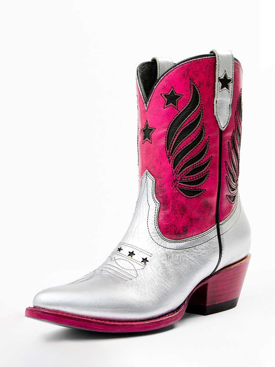 Hot Pink & Silver Round Toe Star and Wing Inlay Western Ankle Boots