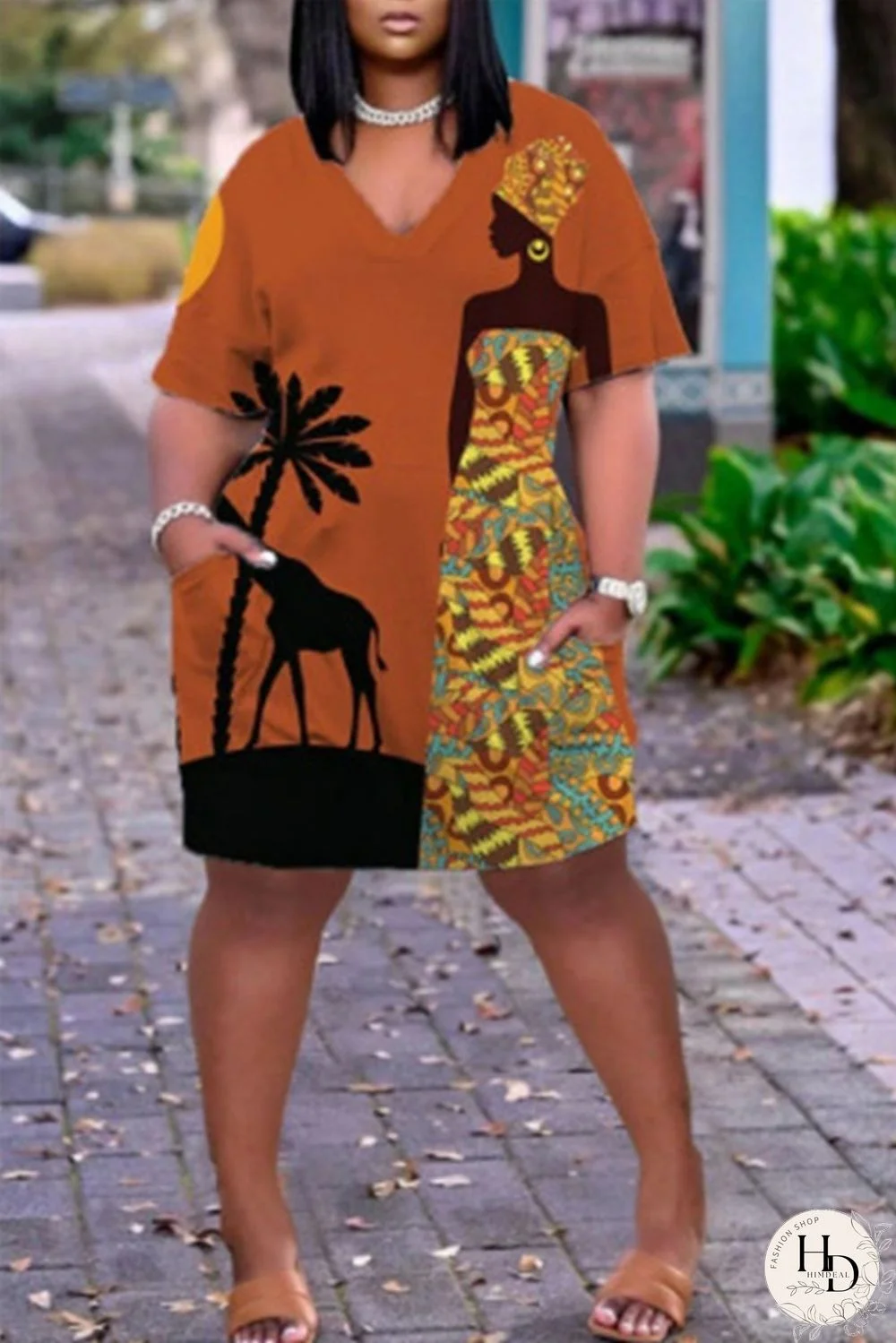 Shallow Yellow Fashion Casual Print Basic V Neck Short Sleeve Dress