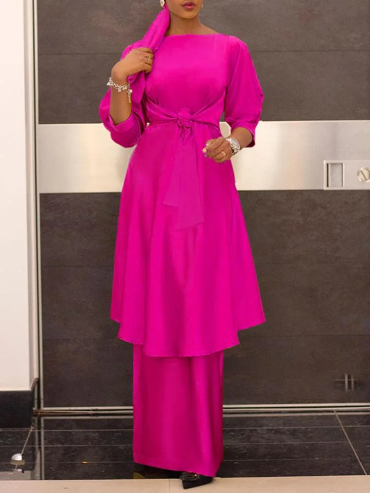 VONDA 2022 Elegant Skirt Sets Women Long Blouse Tunic Skirt Set 3/4 Sleeve Belted Satin Faldas Saia With High Waist Jupe Suits