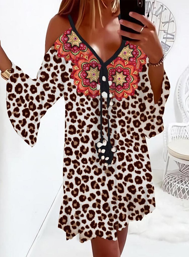 Women's Dresses Leopard Floral Print Cold Shoulder Tassels Mini Dress