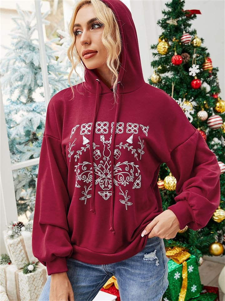Autumn New Tops Outside The European and American Christmas Print Long-sleeved Hooded Casual Sweater Women -vasmok